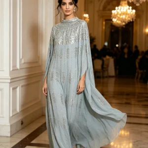 فستان سهرة فاخر بأسلوب ملكي مزين بالخرز والتطريز اللامع، فستان أنيق أزرق مخطط من الشيفون بأكمام خفاشية