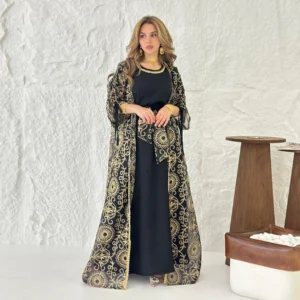 فستان أسود مسلم مكون من قطعتين رائع مطرز بالزهور الذهبية وأكمام مربوطة وتفاصيل فستان أنيق لعيد رمضان اتجاهات المملكة العربية السعودية - AliExpress 200000345