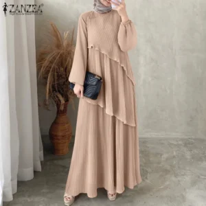 ZANZEA Modest Layered Plisse Patchwork Muslim Maxi Dress, Women's Lantern Sleeve Elegant Abaya, Islamic Hijab Pleated Robe Femme - AliExpress 200000345